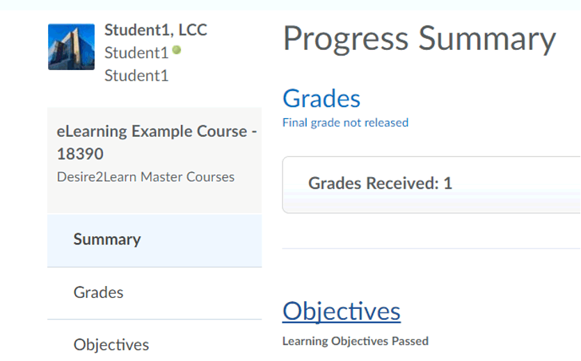 screenshot of D2L Progress Summary