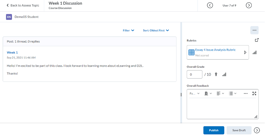 Grading discussions in D2L, add overall grade and overall feedback