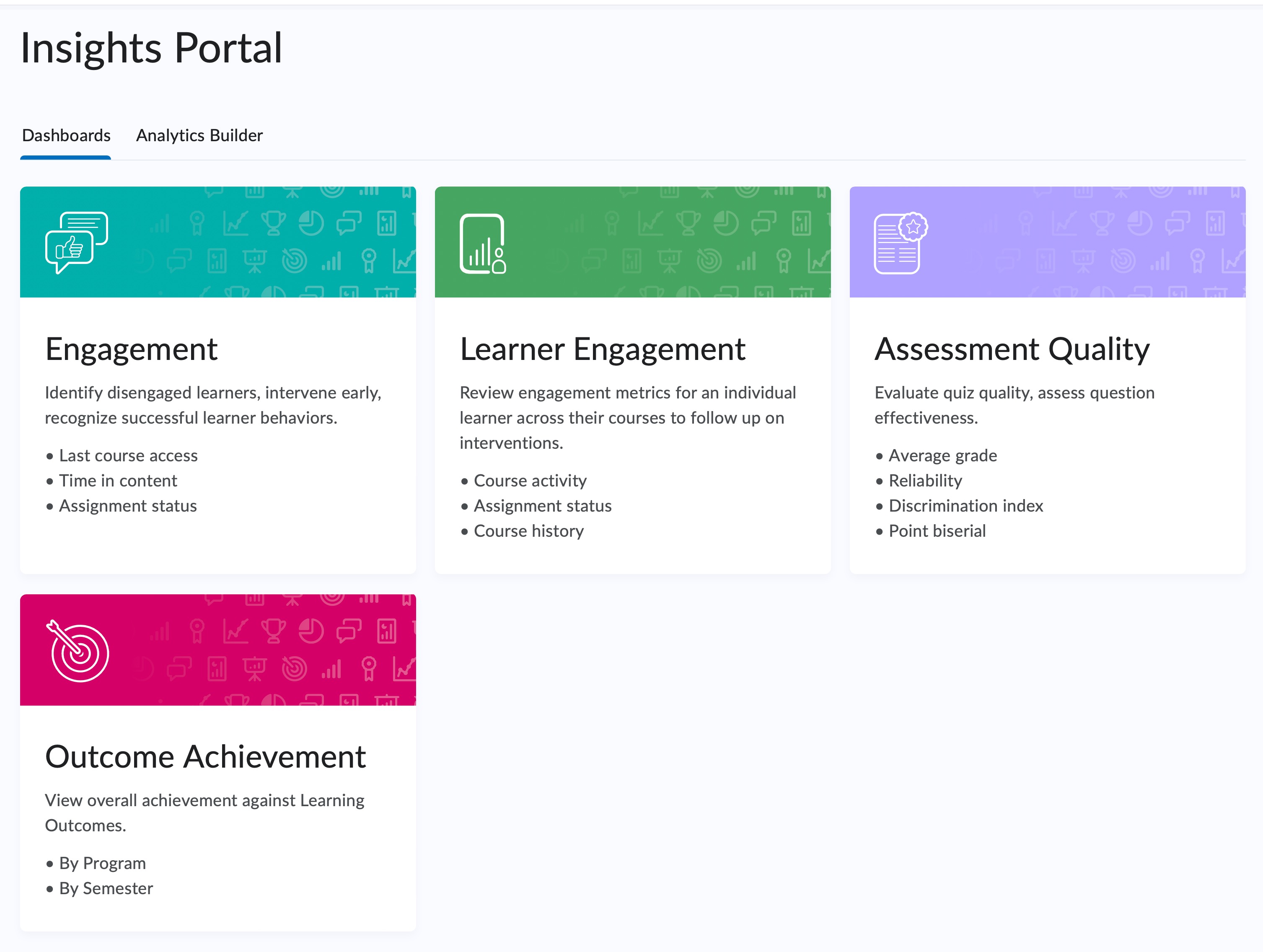 Access Dashboards - The Engagement, Learner Engagement, Assessment Quality, and Outcome Achievement dashboards