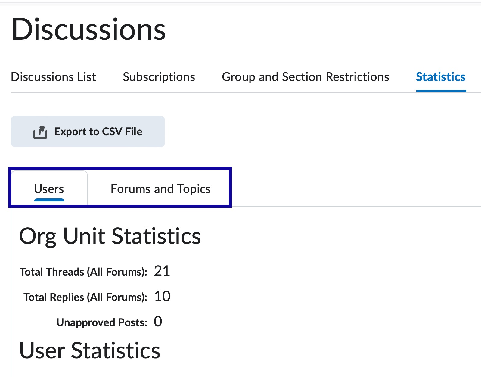Screenshot of Statistics page, indicating to select either Users or Forums and Topics tab.