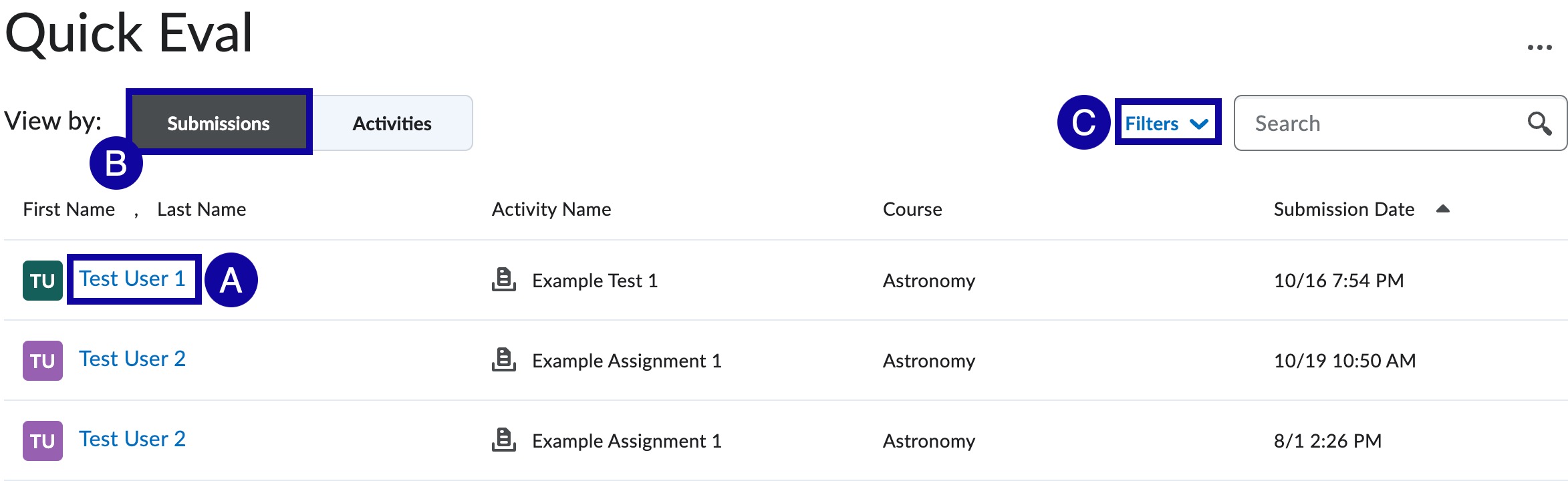 View by Submissions: A Student's Name, B View by Submissions, and C Filters