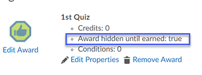 From Award Details, verify the award will be hidden until earned.