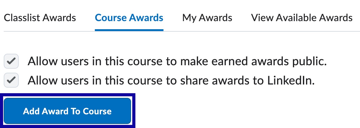 Screenshot of Add Award To Course button.
