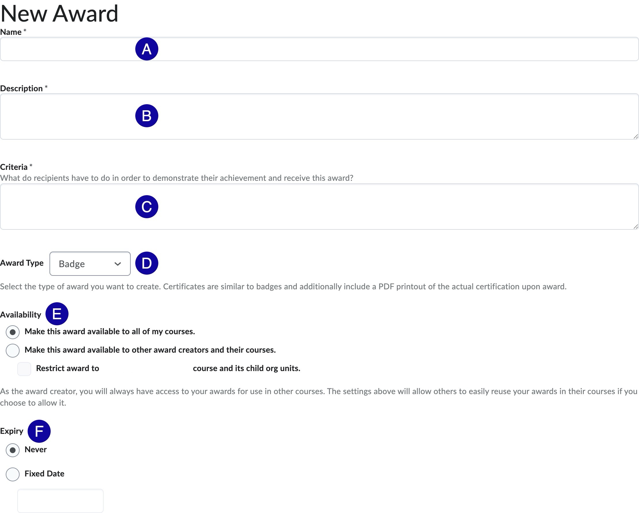 Screenshot of the New Award options.