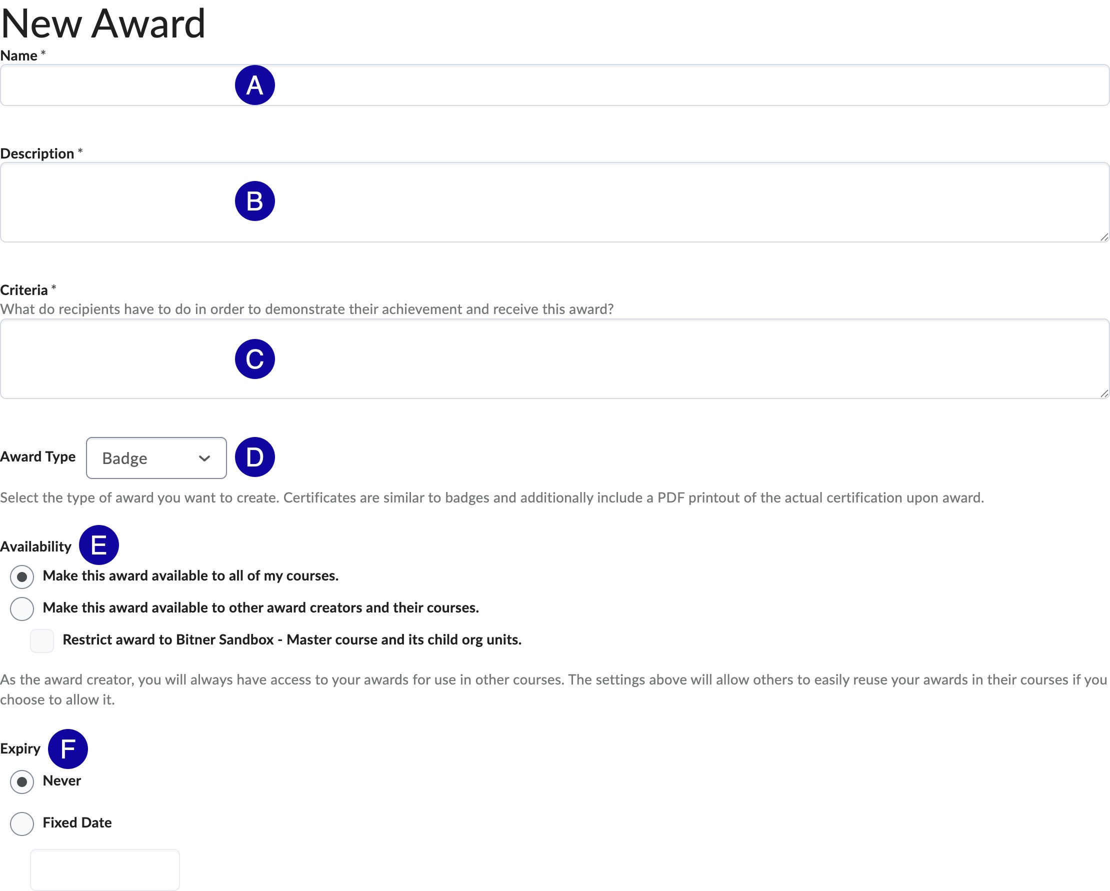 Screenshot of the New Award options.