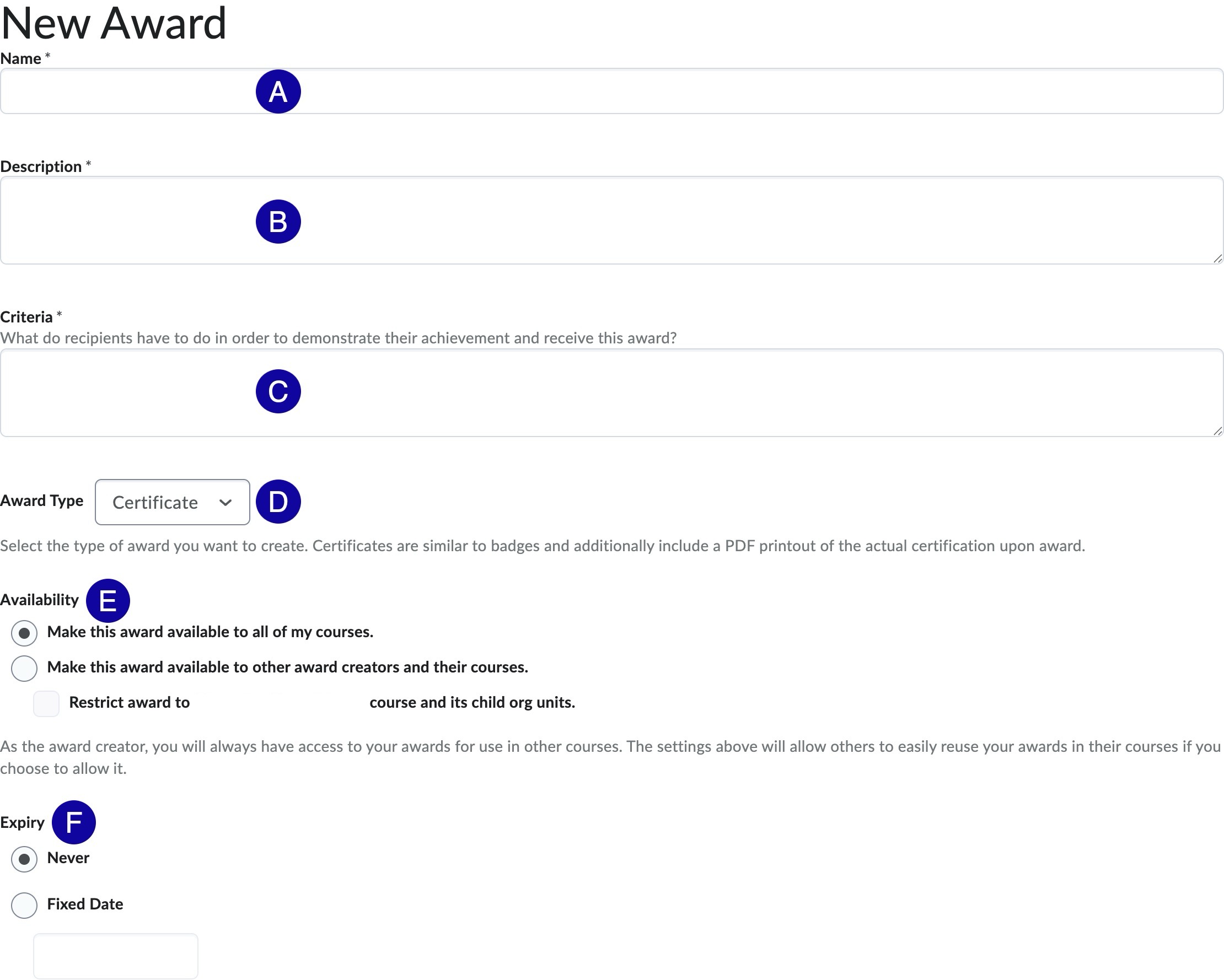 Screenshot of the New Certificate options.