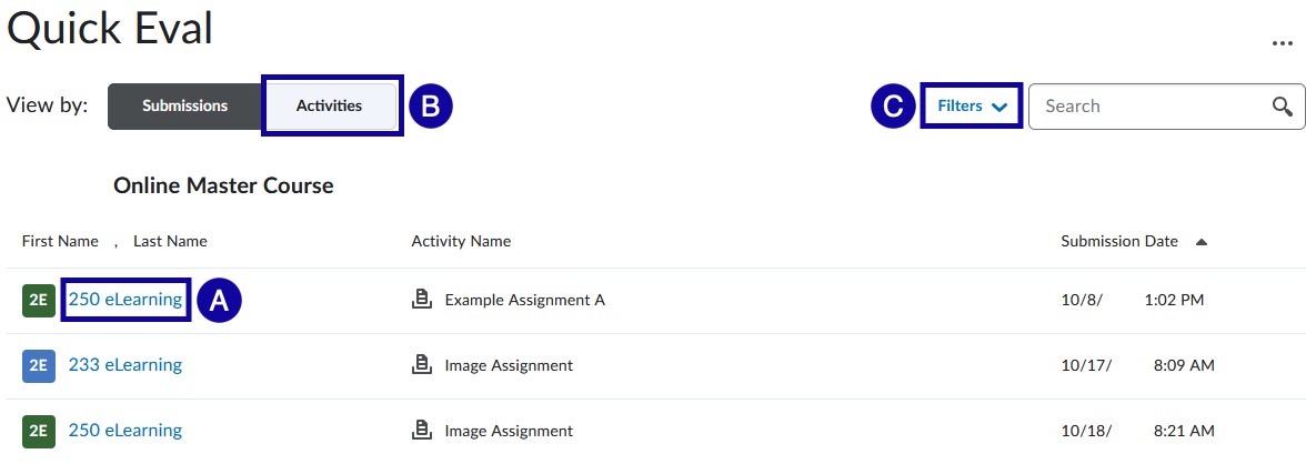 3) View by: Activities A) Select New Posts or New Submissions to view and grade the new submissions. B) Select Evaluate All to view and grade the all of the submissions. C) Select Submission List to view the list of submissions in D2L. D) Select Submissions to switch the View to back to Submissions. E) Select Filter to filter the list by Activity Name or Course.
