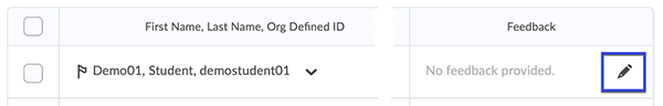 Selecting the Edit Pencil icon will allow users to add individual feedback to students.