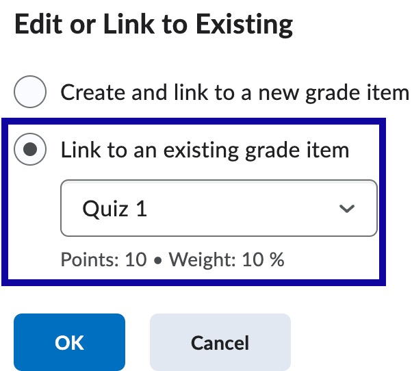 Select Link to an existing grade item radio button and select the quiz to link