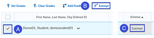 Verify the Exempt status next to the student selected.