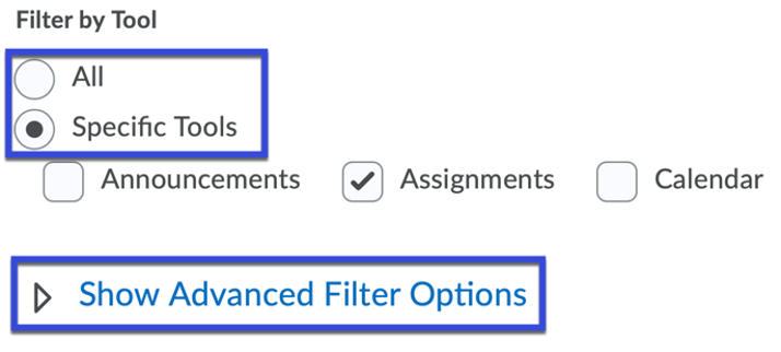 Specific tools selected with show advanced filter options highlighted