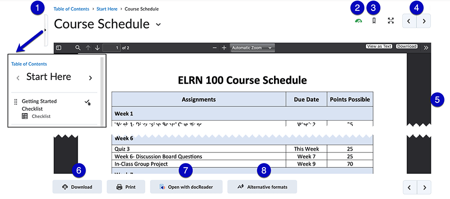 Course Schedule viewer with table of contents open