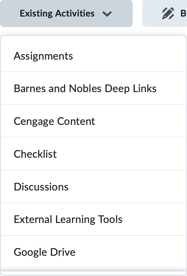 The Existing Activities menu allows users to select an option and follow the prompts to add content.