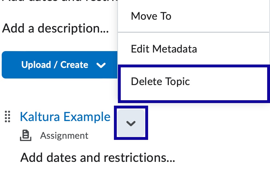 Select the drop down menu for a content topic and then select Delete Topic