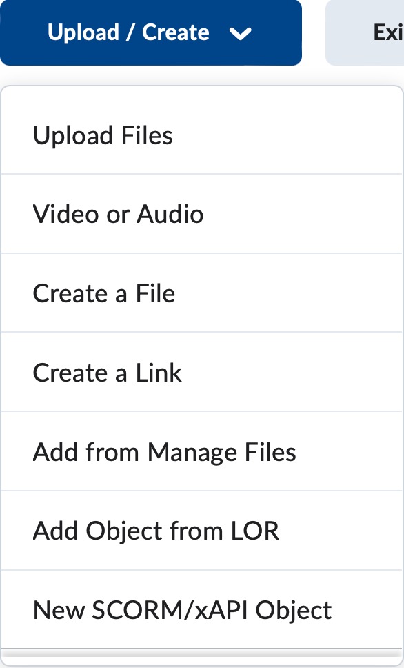 Options under the Upload / Create menu in a Content module