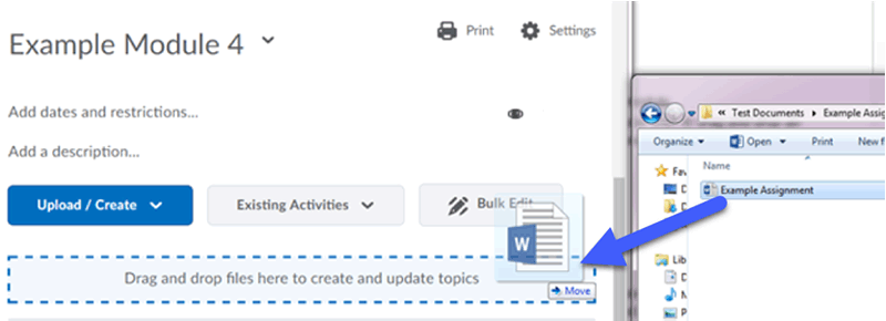 Users can drag and drop content files from their computer into D2L modules.