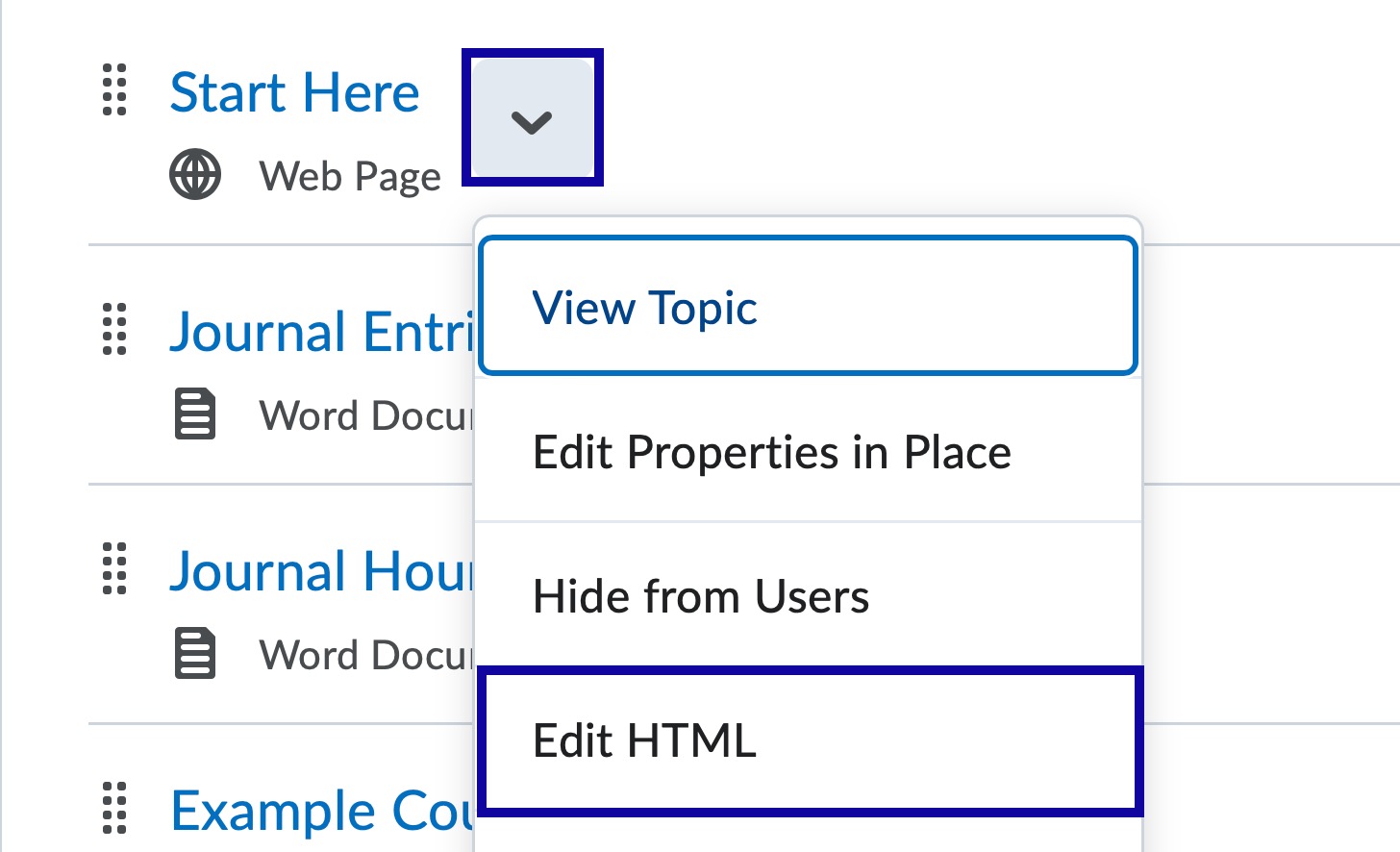Select the drop down menu for a topic and then select Edit HTML