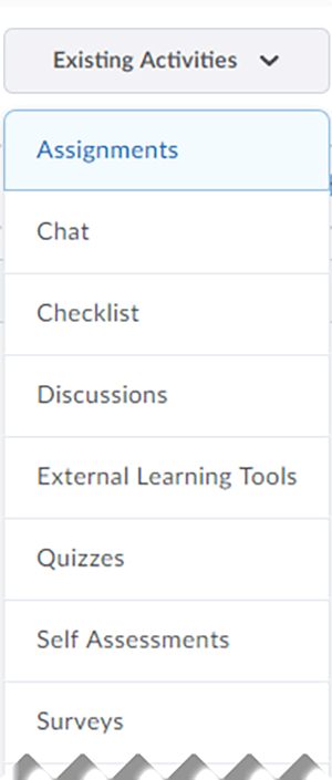 The Existing Activities menu allows users to select an option and follow the prompts to add content.