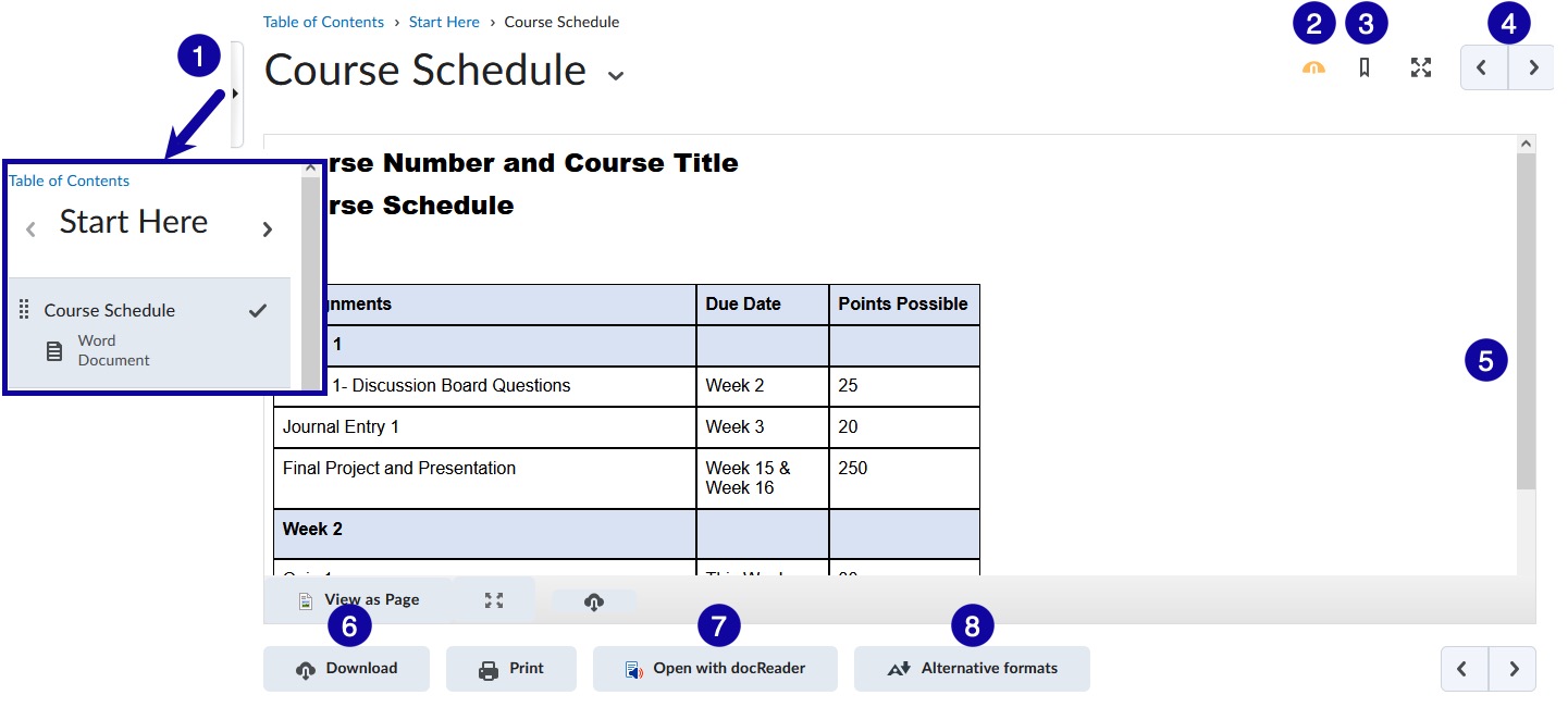 Course Schedule viewer with table of contents open