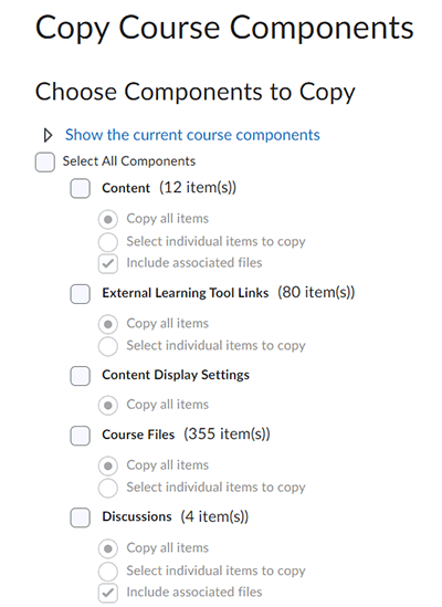 Checkbox or radio button selected for all items to be copied into a course.