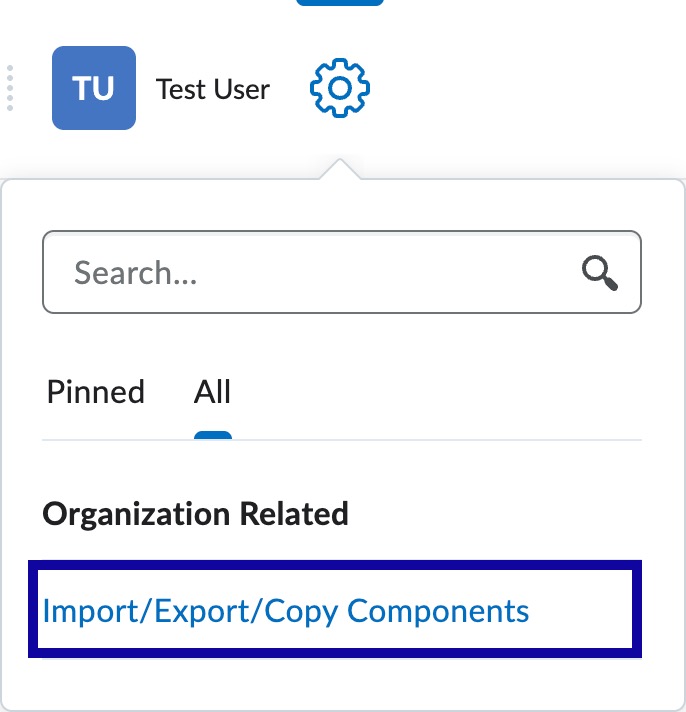 Gear icon drop-down menu showing the Import/Export/Copy Components option.
