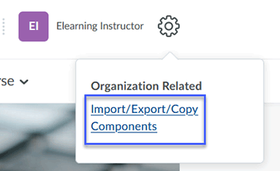 Gear icon drop-down menu showing the Import/Export/Copy Components option.