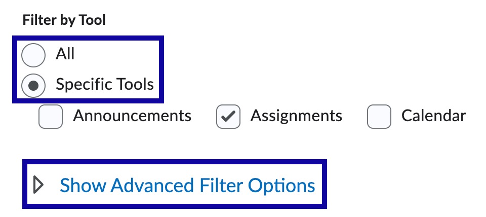 Specific tools selected with show advanced filter options highlighted
