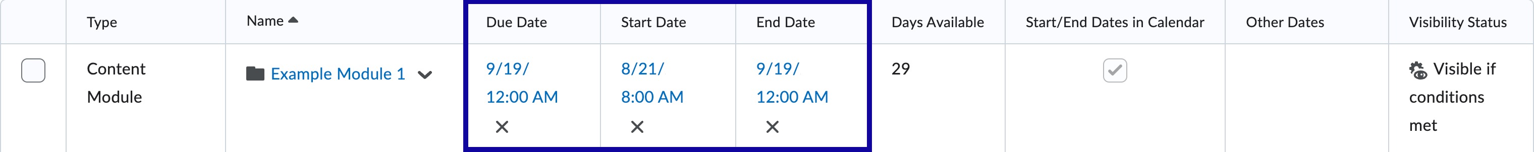 Select dates hightlighted on table