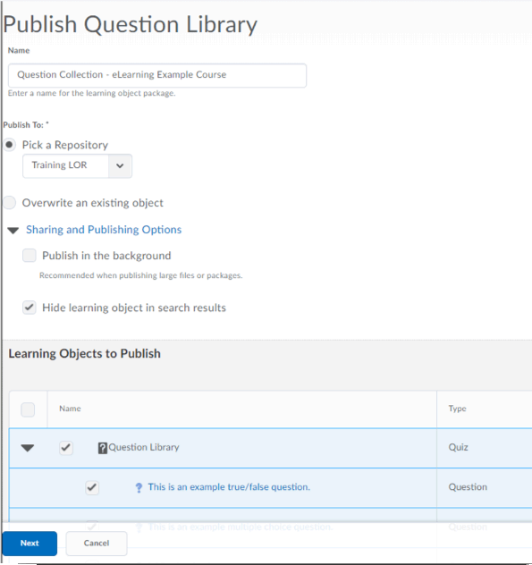 Publish Question Library showing the hide learning object in search results.