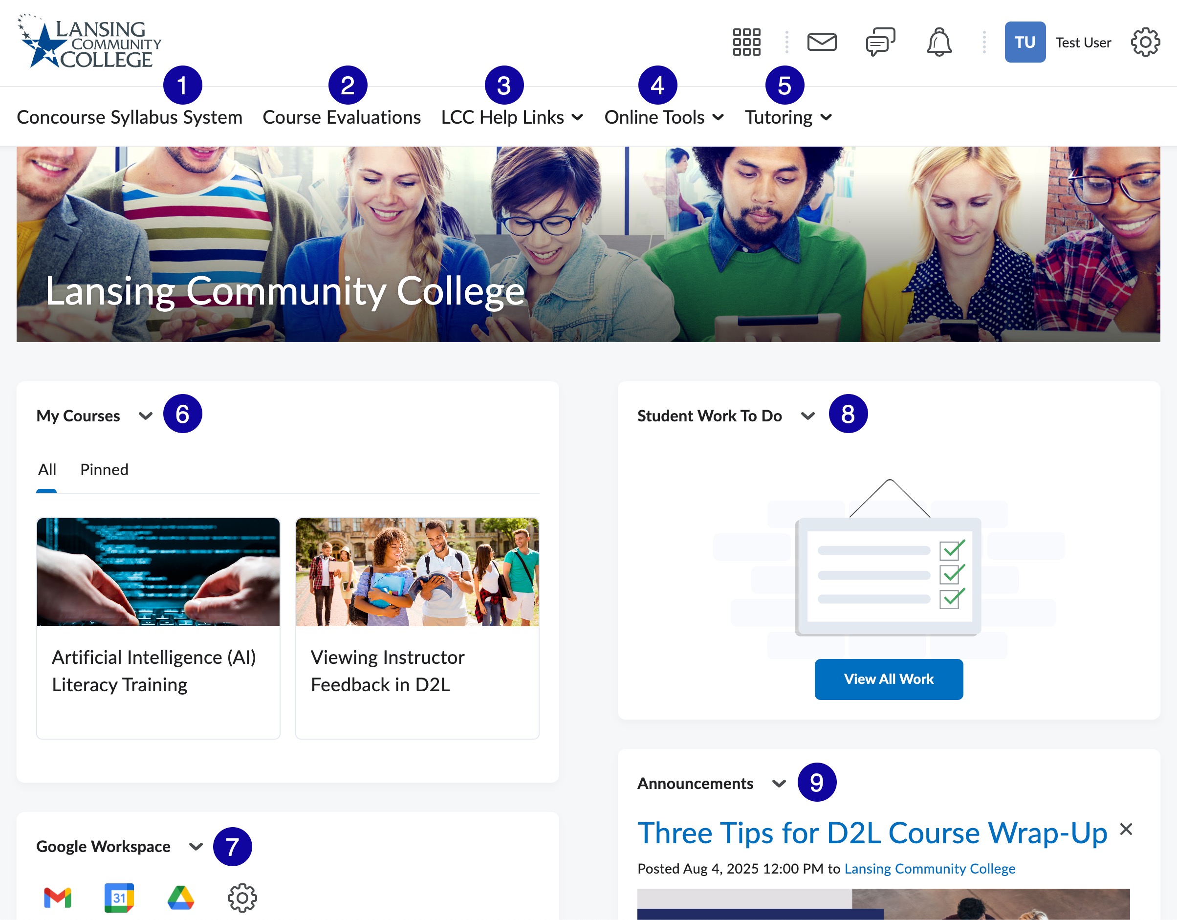 Screenshot of the Homepage, numbering the features.