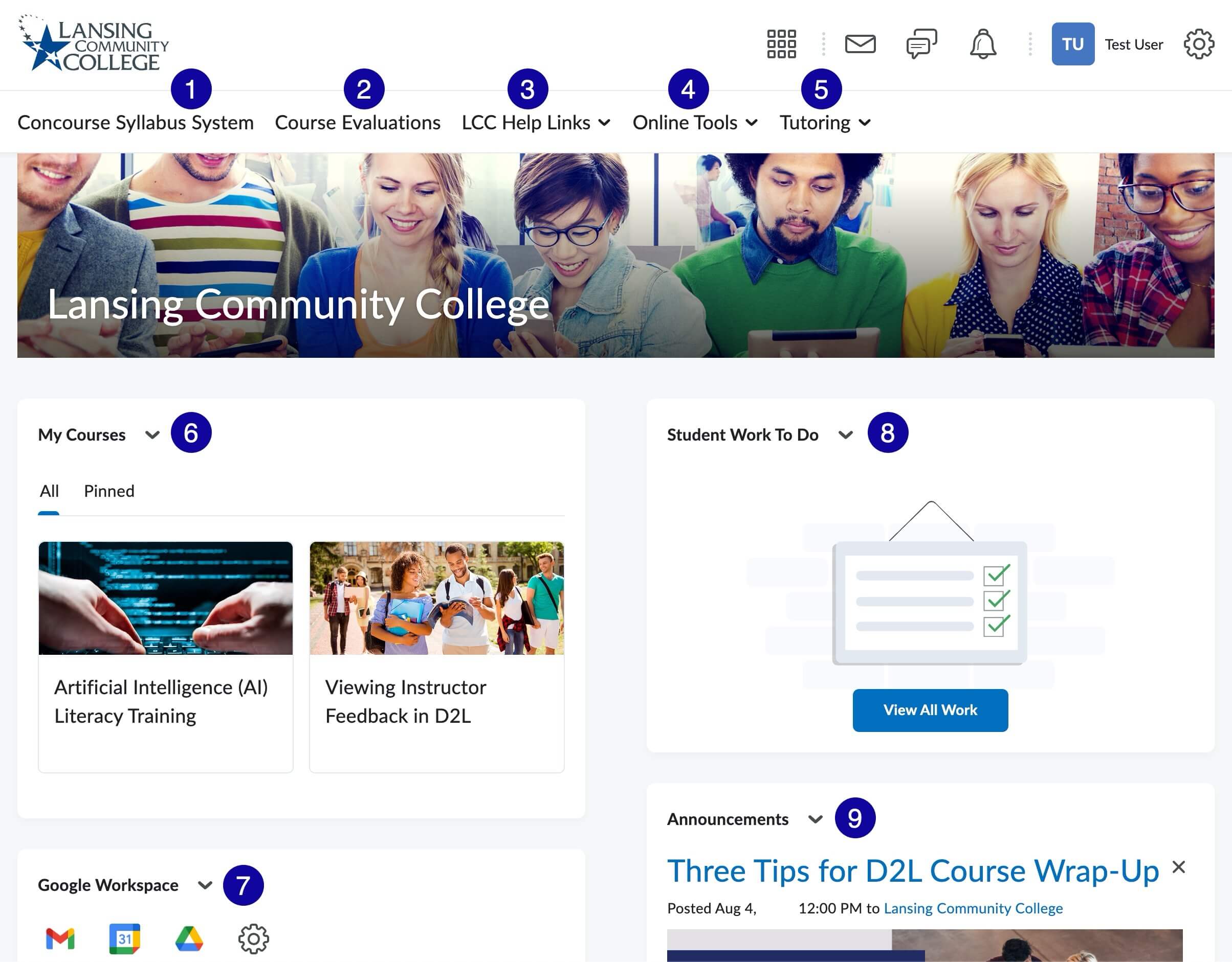 Screenshot of the Homepage, numbering the features.