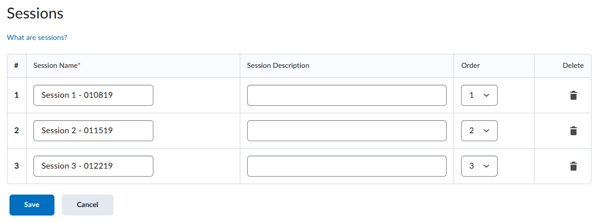 Screenshot of Sessions added.