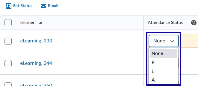 Attendance Status options.
