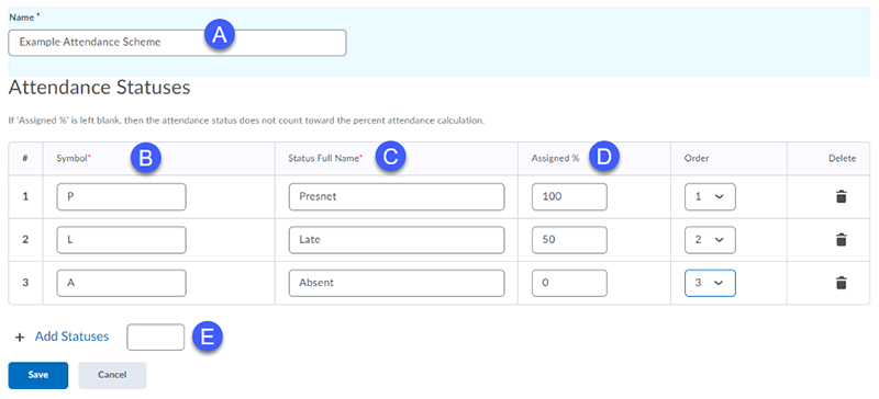 Screenshot of Attendance Status options.