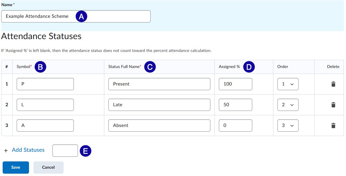 Screenshot of Attendance Status options.