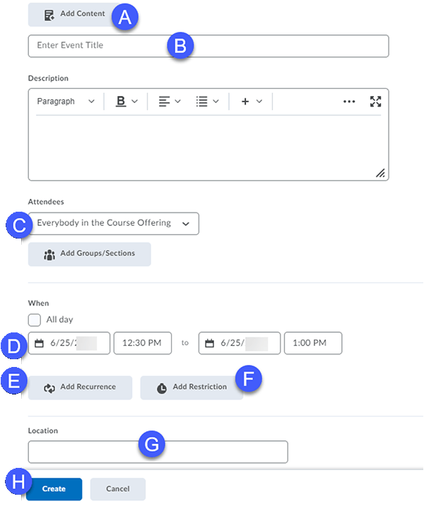 General overview of the Calendar Event options.