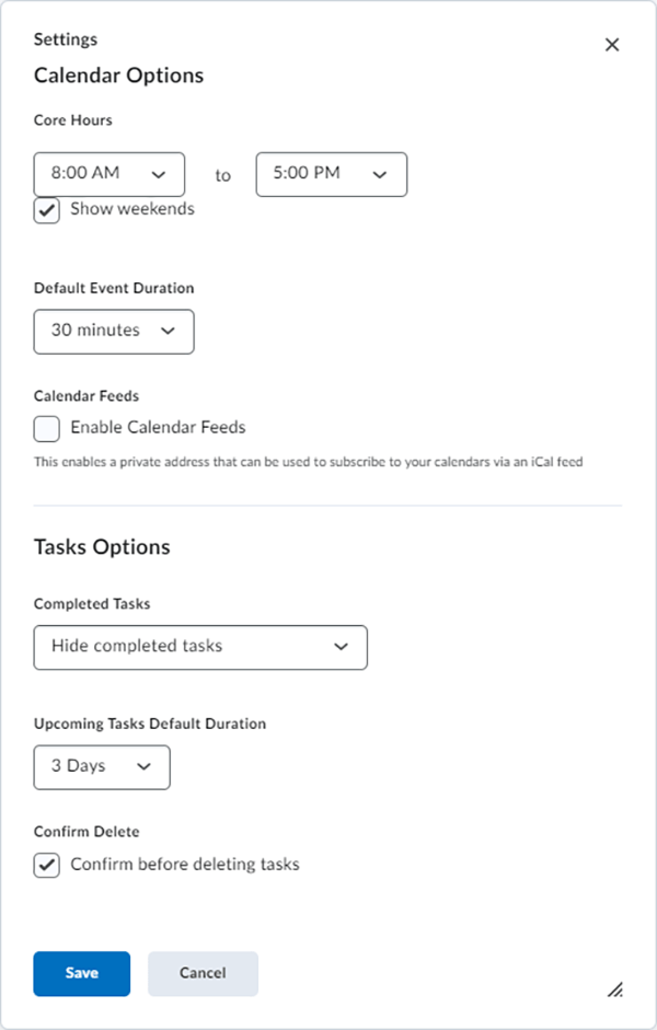 Screenshot of the Calendar Settings options.