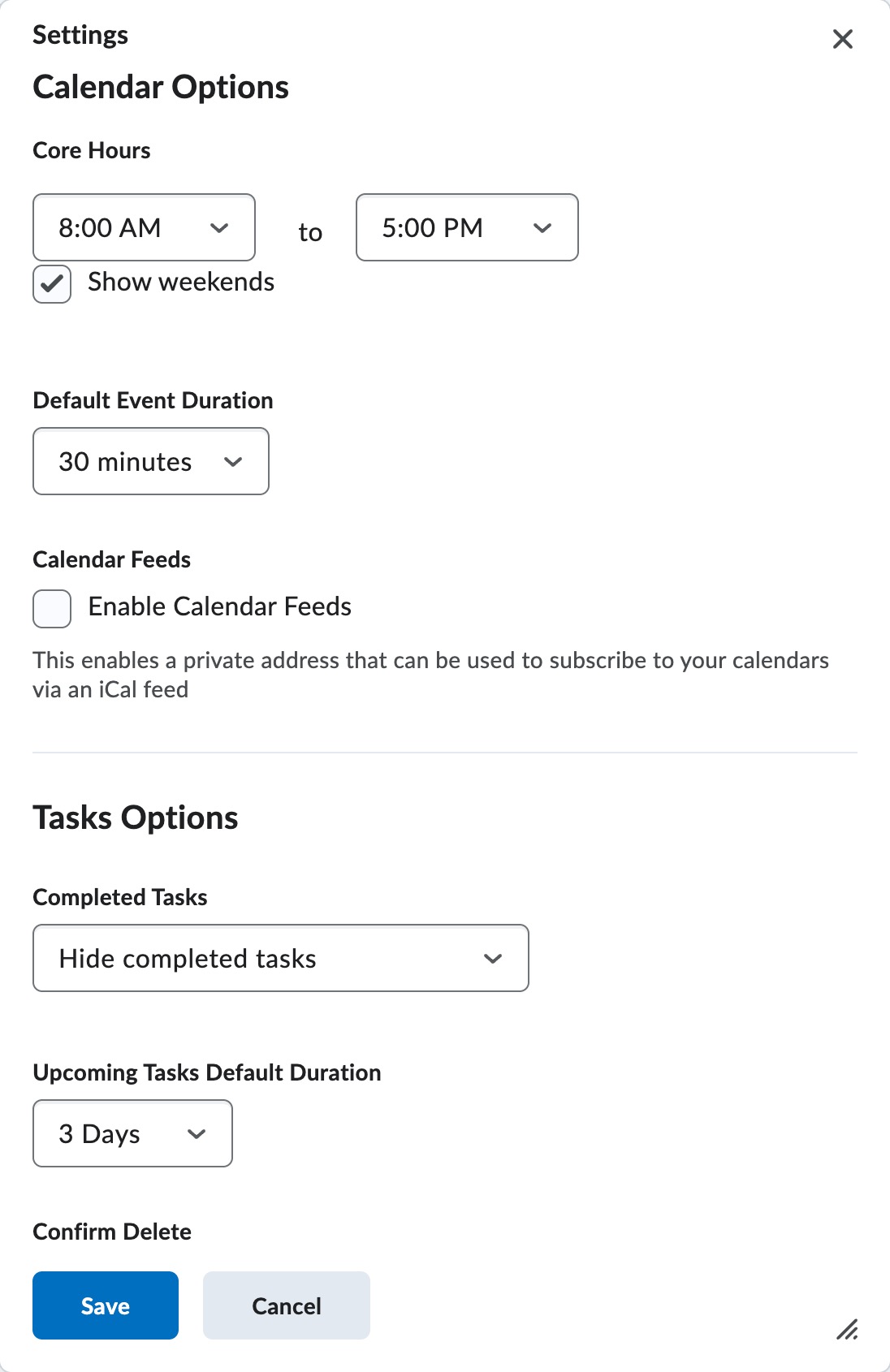 Screenshot of the Calendar Settings options.