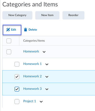 Screenshot of the Categories and Items list with Edit highlighted.