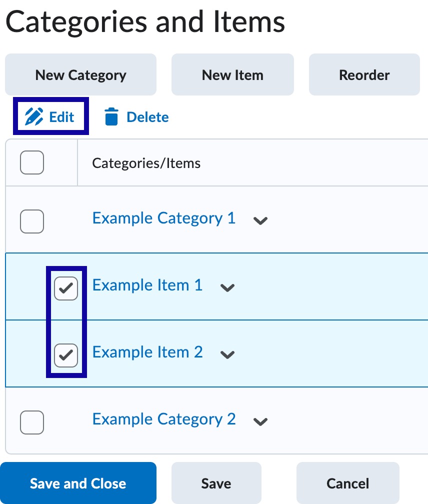 Screenshot of the Categories and Items list with Edit highlighted.
