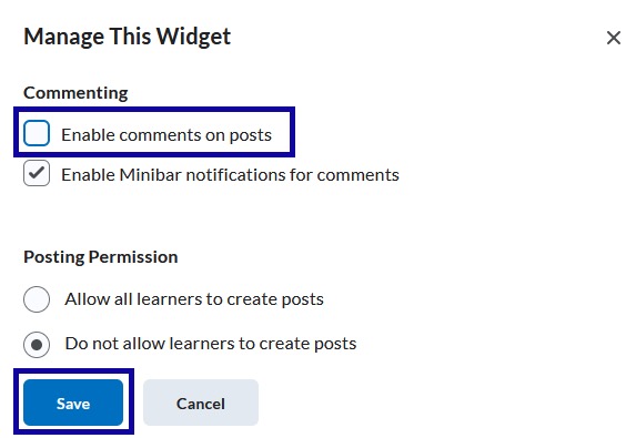 Enable comments on posts unchecked and save button highlighted