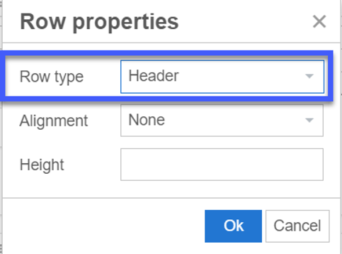 Row type highlighted under row properties