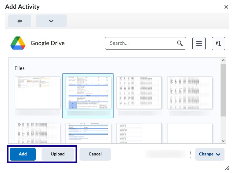 Google add and upload button highlighted