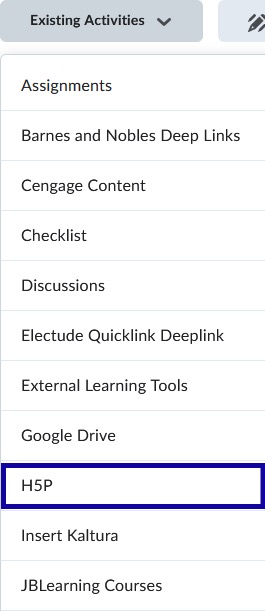 H5P Interactives highlighted from the Existing Activities dropdown menu