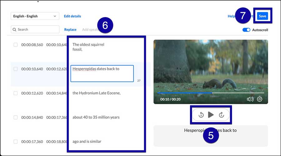 The Captions Editor in Kaltura showing timed caption segments that can be edited and saved.