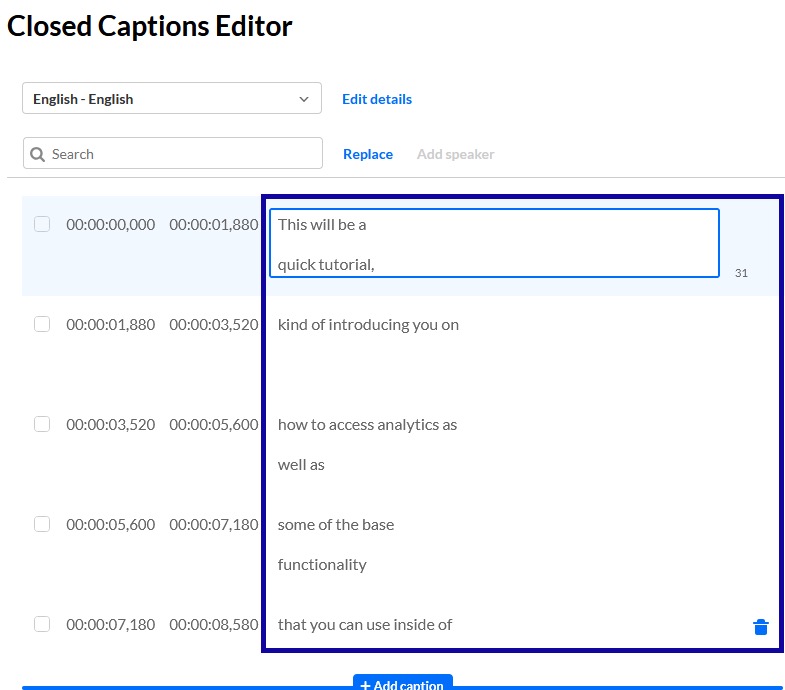 Caption field and column highlighted