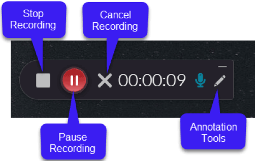 Use the Kaltura Capture recorder to stop, pause or resume, and cancel the recording. Use the Annotation tools to draw and highlight items on the screen.