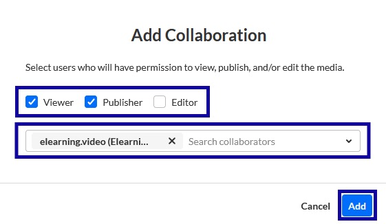 Viewer and publisher highlighted with the user selected and the add button highlighted