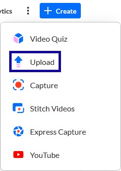 Upload is highlighted with a blue box on the +Create menu.