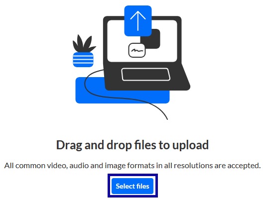 Select files button is highlighted with a blue box on the file upload screen.
